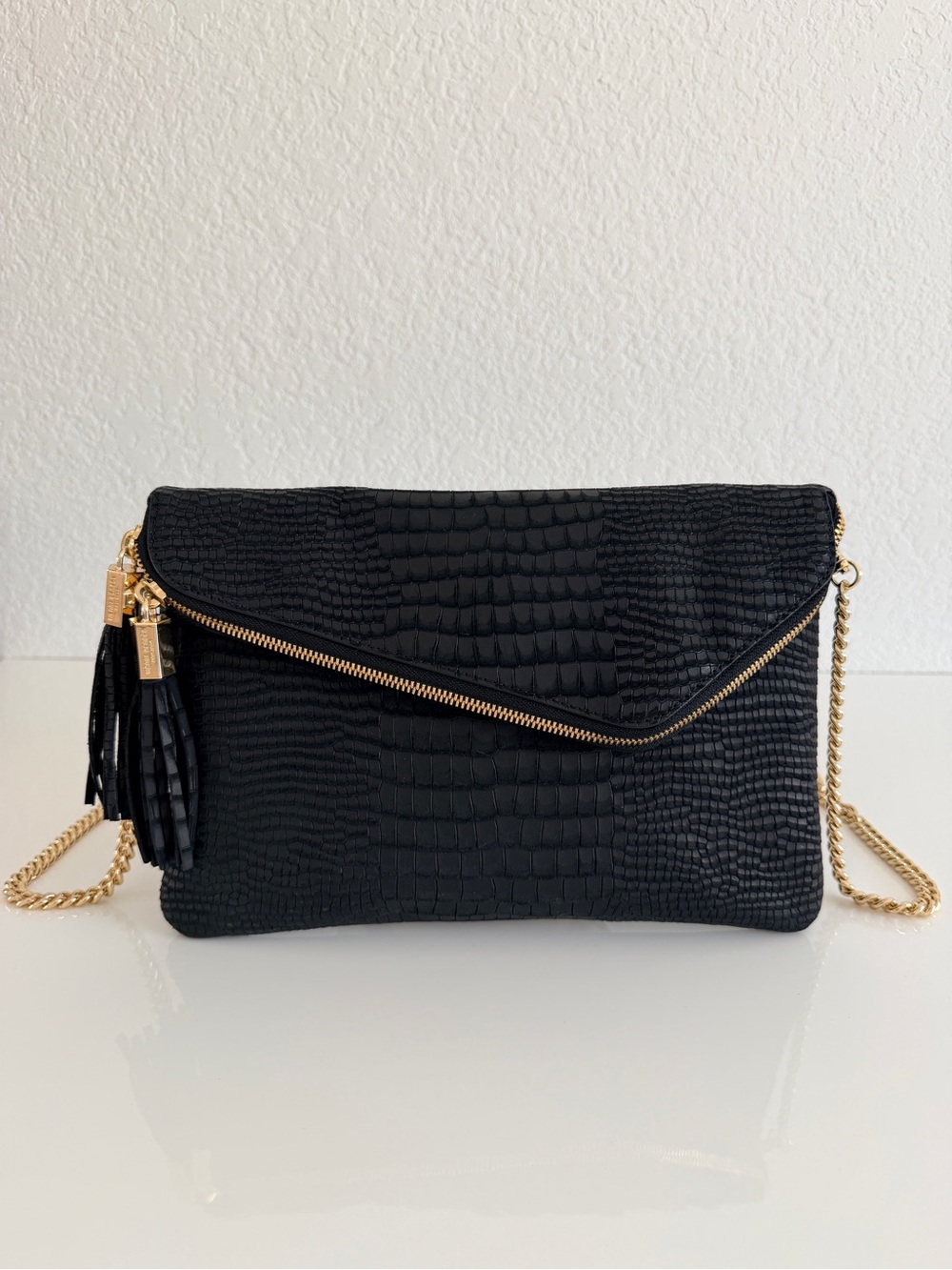 Henri bendel Black Croc-Embossed Envelope Crossbody Bag with Gold Chain